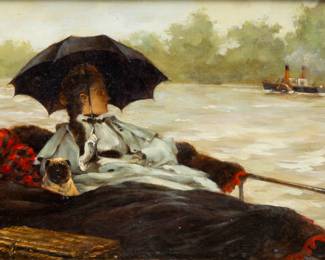 Lot 1005
In the Manner of James Jacques Joseph Tissot (French, 1836-1902) Oil on Paper 19th .c., H 6" W 9.5" Frame Size: H 10.5" W 14"