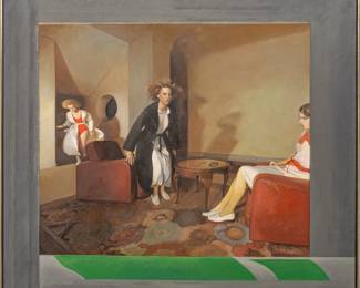 Lot 1064
Tom Klaverkamp (American, 1942-1986) Oil on Canvas 1978, 'Travesties', H 49" W 55.5" Frame Size: H 50" W 57"