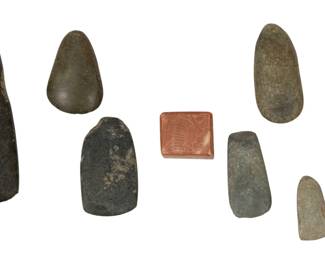 Lot 1099
Native American Stone Celts and One Incised Soapstone Cube, 8 PCS