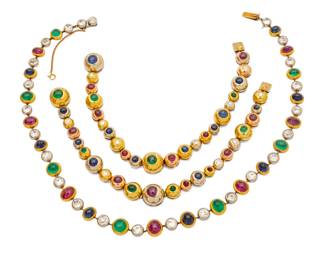 Lot 10
Gold Necklace 15" + Two Extensions to 86": Cabochon Emeralds, Sapphires, Rubies. L 86" 118 g 1 PC