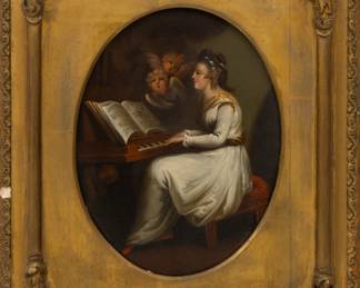 Lot 4020
After Sir Joshua Reynolds (English, 1723-1792) Oil on Wood Panel 19th C., 'Mrs. Sheridan As Saint Cecilia', H 8" W 6" Frame Size: H 12" W 10"