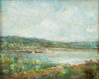 Lot 1003
American Oil on Canvas Board 1900, 'Boats Anchored in a Secluded Bay', H 11.75" W 14.5" Frame Size: H 16.5" W 19"