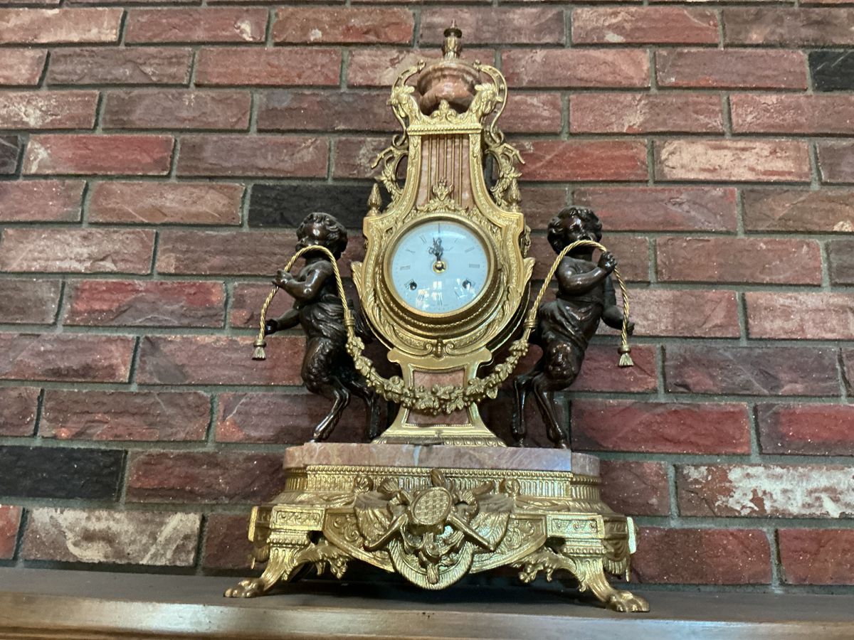 Exquisite Brass mantel clock set with cherubs -1 of 3 pieces