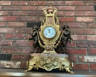 Exquisite Brass mantel clock set with cherubs -1 of 3 pieces