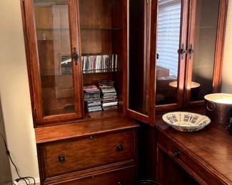 Desk book case and glass topped cabinet