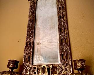 Antique Pair of Mirrored Solid Brass Wall Sconces.