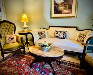 Antique Rosewood Chair, Couch , & Small marble rosewood table....all pieces are in good shape....Great pieces for a 19th Century Period Bed & Breakfast! all are priced separately.