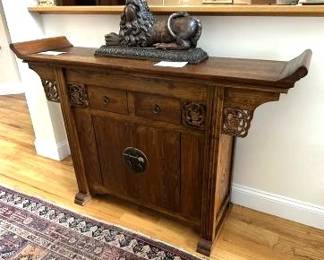 English carved oak lion, Asian console cabinet with 3 drawers