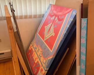 Acrylic and oil paintings, frames, art storage buns, art supplies, paint, copper plates, mat board, sleeves, folding art storage tables, easels, drawing boards, etc