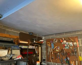 Tools, saw, cords, shelving, various home repair and maintenance supplies. 
