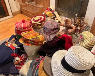 Vintage hats and accessories, silver jewelry and smalls, umbrellas, belts, ethnic sweaters and dresses, 