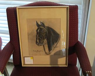 VTG framed racehorse art piece, "Luna-Bright." Signed