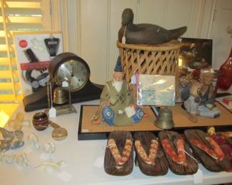 Handmade wooden duck decoy, Geta asian shoes, ATQ mantle clock, 2 temple brass bells with/ stands and strikers