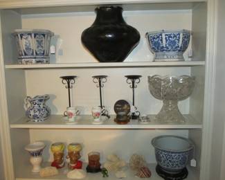 Asian fishbowl planters and an antique Santa Clara Blackware Pottery vase. American Brilliant cut crystal 2-piece punch bowl.