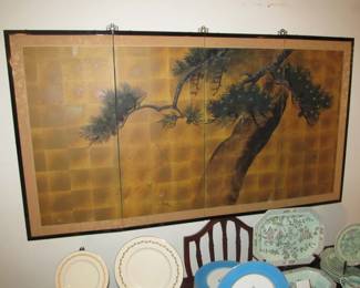 Vintage Japanese hanging 4-panel gold screen named "Dragon River."