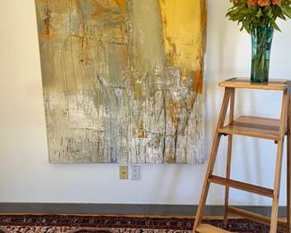 Tom E. Dixon, mixed media 66 x 48"                                                 Soumak pictorial rug 114 X 39 1/2"                                                 Three stage folding single sided ladder 