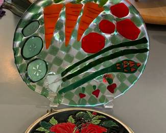 Glass fused vegetable platter, cross stitch hoop with red hibiscus flower