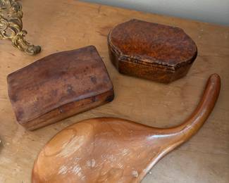 20th Century molded leather box, Italy. Antique Burlwood box. Wood hand mirror.