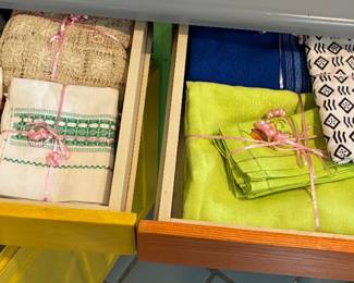 Colorful palette of towels, bedding, quilts, throws, napkins, and more