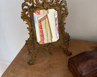 Antique rococco cast brass beveled edge mirror