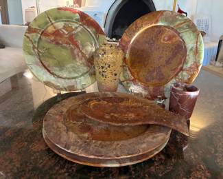 Green onyx serving plates, vase, cup