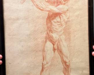 Bernard Picart (1673-1733) French engraver nude study. "Men fighting evil", signed 17 October, 1731. Sanguine pencil, renaissance technique used. 