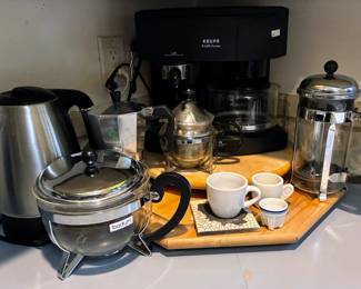 Coffee station - tools to make espresso , cappuccino, latte, macchiato, americano, french press, drip coffee and more