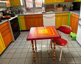 Hand painted wooden table, vtg ironer red chair metal