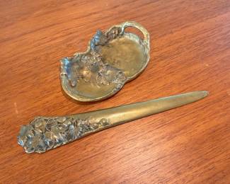 French gilt bronze letter opener and dish by P.L. Sasportas 