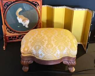 KO344Vintage Wood Framed Double Sided Silk Embroidered Cat Art And More 