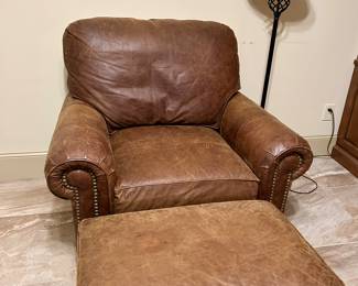 Top-grain leather club chair with matching ottoman