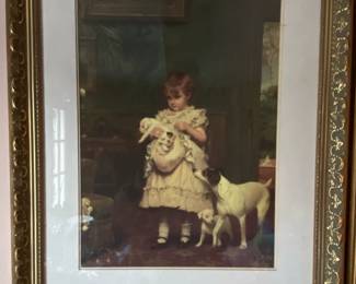 Framed print titled "Puppy Love" (also known as "Playfellow or Girl with Dogs") by the British artist Charles Burton Barber. 