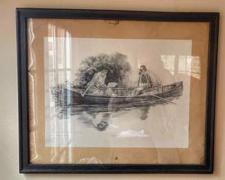 Framed print of the artwork titled "Canoeing" by American artist Howard Chandler Christy. 