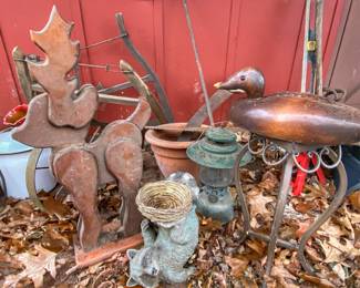 Assortment of rustic, vintage, and garden decor items,