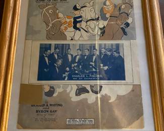 Framed piece of vintage sheet music for the song "Horses", a "Funny Fox Trot Song," circa 1926