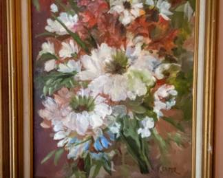 Original vintage oil painting of a floral still life, signed by the artist "Kemper" in the lower right corner. 