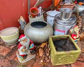 Assortment of rustic, vintage, and garden decor items,