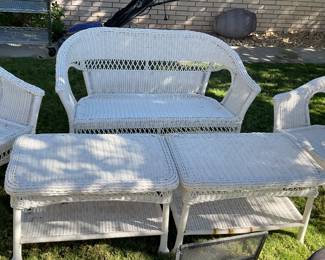 White wicker patio furniture-2 seater chair-50x30, 2 chairs-24x29, 2 side tables-30x18x18