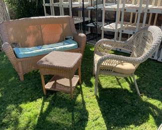 Light brown wicker patio furniture-2 seater chair-53x34, side table-18x18x20, chair-29x35