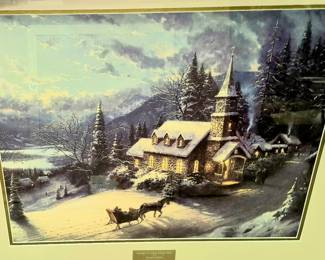 Much artwork.  Thomas Kincade "Sunday Evening Sleigh Ride" framed Library Edition 
