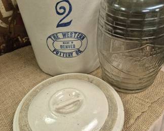 Much stoneware, pottery,  glassware and china. 2 Gal. Western crock and 2 gal. Red Wing lid