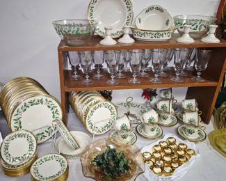 Lenox Dimension Collection "Holiday" pattern  china set and matching glasses and glass bowls