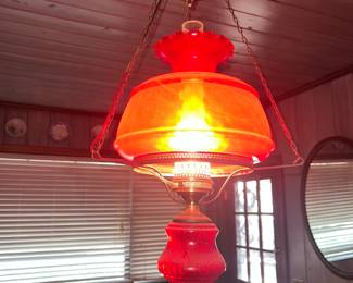 Vintage red glass hanging hurricane lamp, electrified.  $200