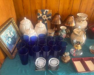 Colbalt blue drinking glasses, etc