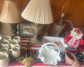 Milkglass fruit bowl, Marshall Pottery items, vintage lamps
