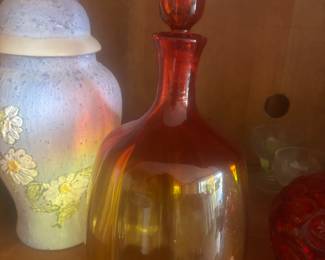 1960 Blenko tangerine Amberine decanter. Glows in dark!!