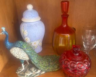 Moon and stars, beautiful peacock, vintage decanter