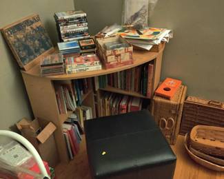 books, baskets, ottoman