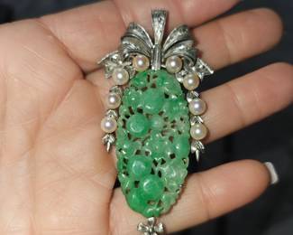 Antique Sterling Jade and Pearl brooch /pendant