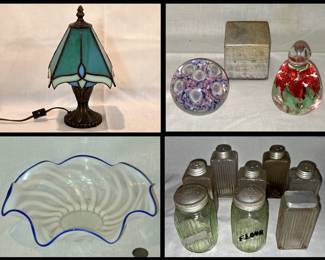 Small Stained Glass Lamp, Paperweights, Ribbon Bowl and Vintage Shakers 